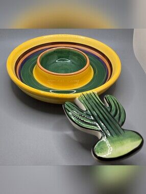 Chips 'n Salsa Serving Dish Ceramic EUC 7¼" Diameter + 3½" "Cactus" Handle